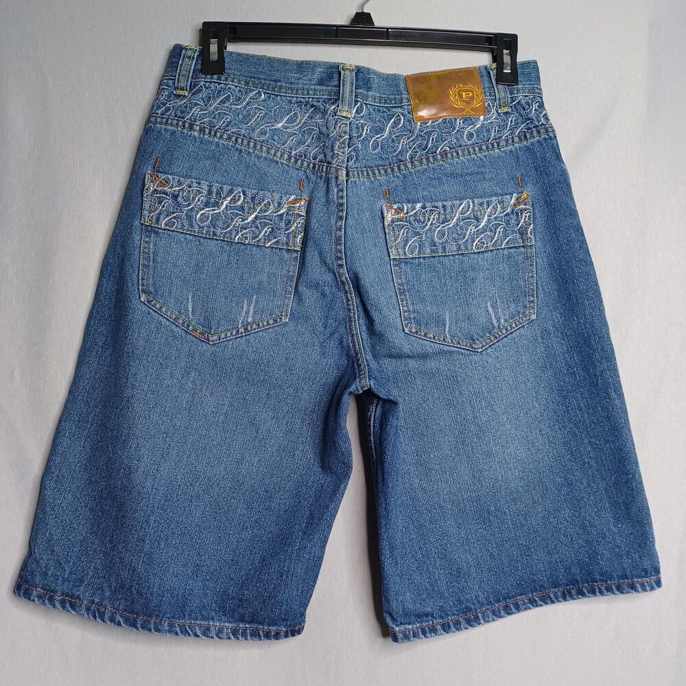 Phat Farm Shorts Mens 34 Blue Denim Bermuda Relaxed Distressed Embroidered Logo